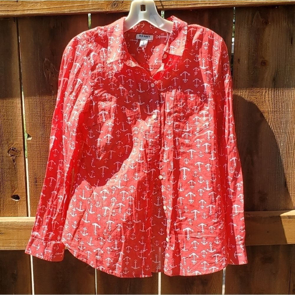 Old Navy Red Shirt White Anchors Nautical Small